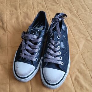 Black Distressed Sneakers with Purple Laces